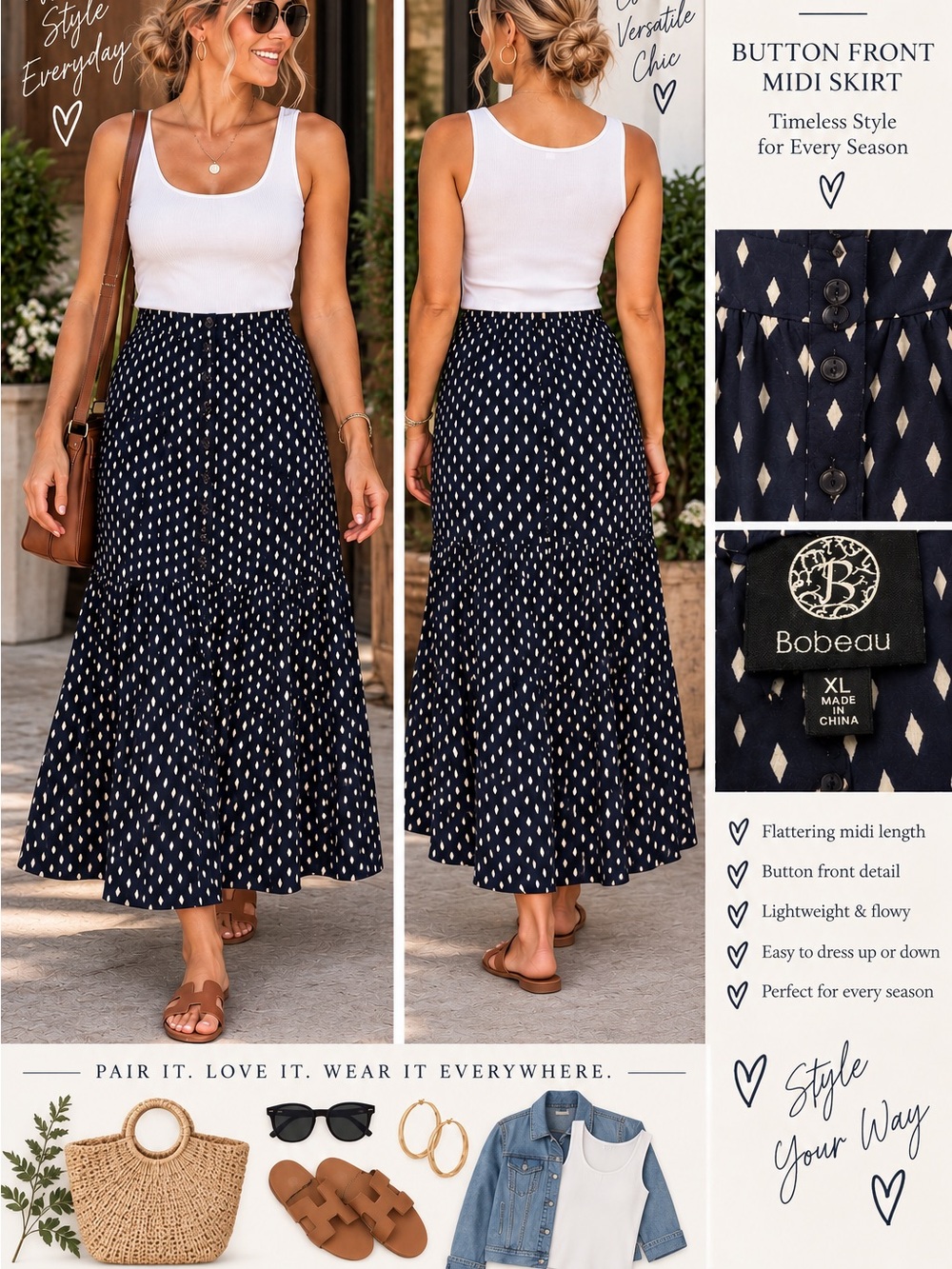 bobeau Navy Diamond Print Button-Front Midi Skirt